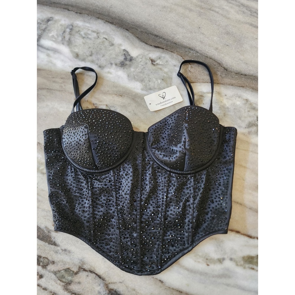 NWT Windsor Black Rhinestone Satin Corset Going Out Gothic Concert Small